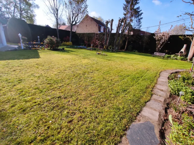 Jardin résidentiel avec pelouse tondue et allée en briques bordant une maison