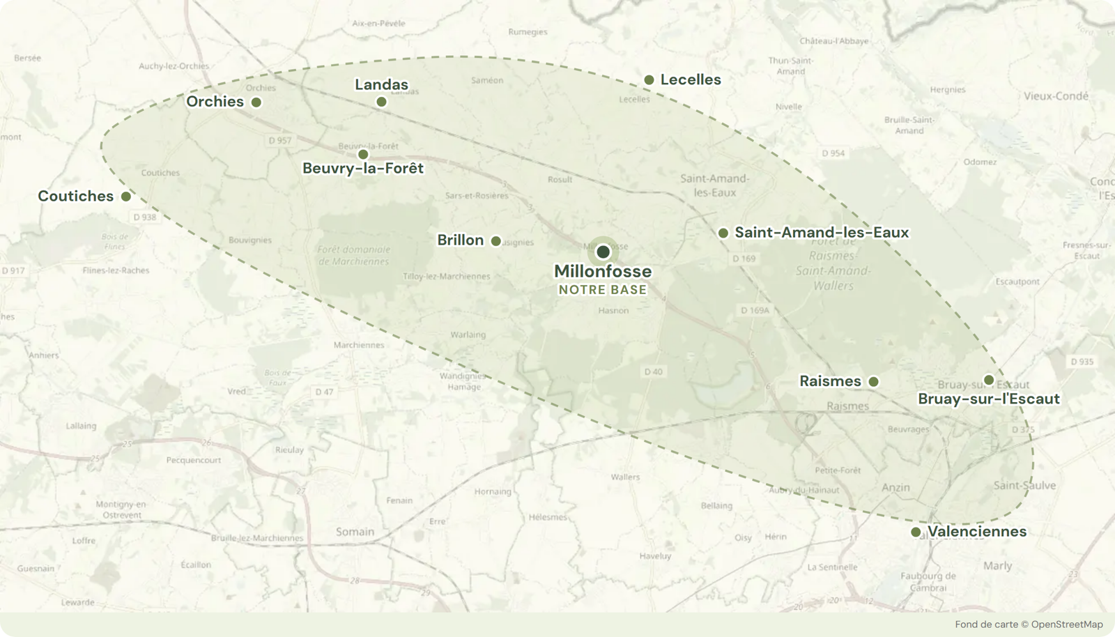 Carte du secteur d intervention de Coutiches à Valenciennes, avec Millonfosse au centre