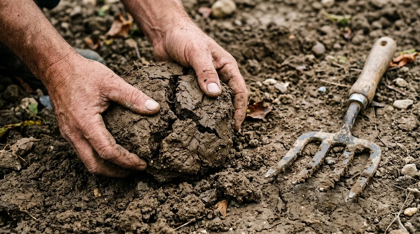 Travail d'une terre argileuse à la grelinette avant semis de gazon dans le Nord