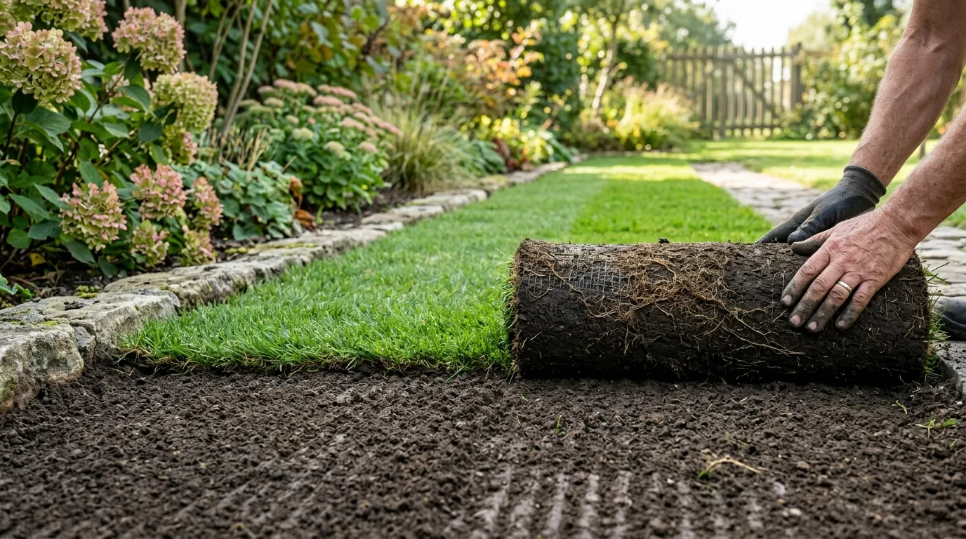Rouleau de gazon en bande posé sur une terre préparée dans un jardin du Nord