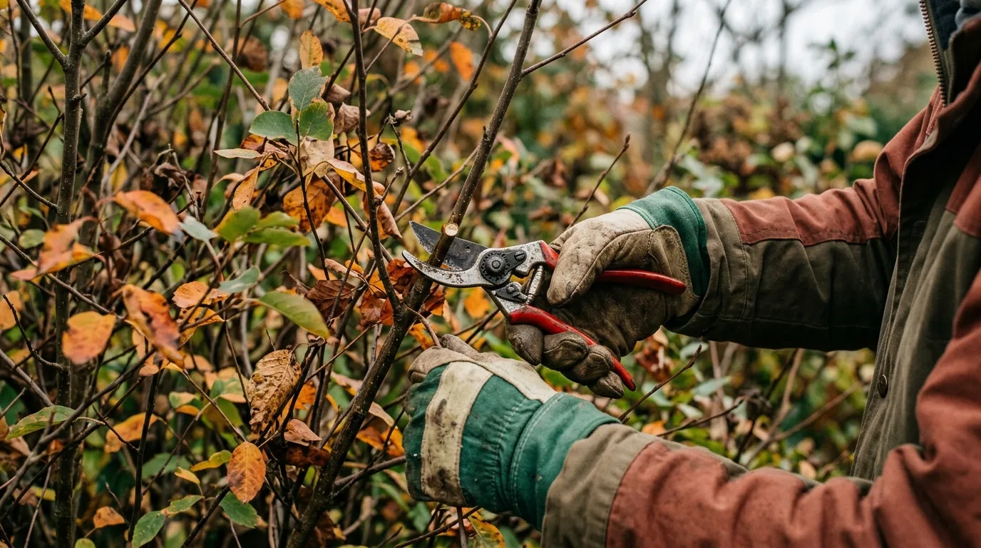 Sécateur en train de couper une branche d'arbuste en automne