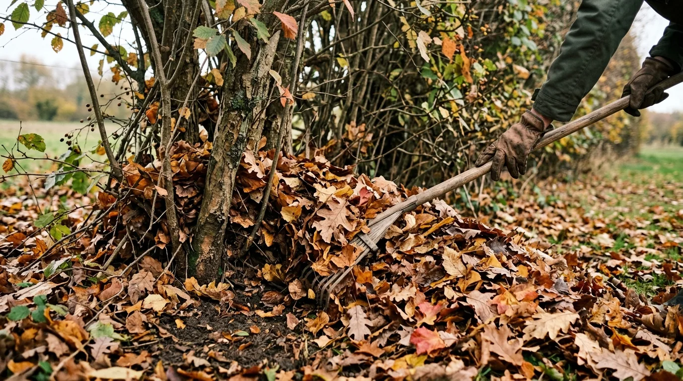 Tas de feuilles mortes ramassées au pied d'une haie en automne